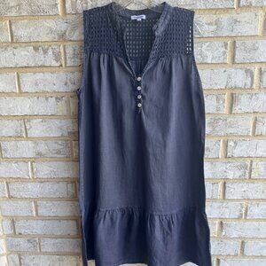 Rosemarine Sleeveless V Neck Button Mesh Neckline 100% Linen Dress Womens Size S